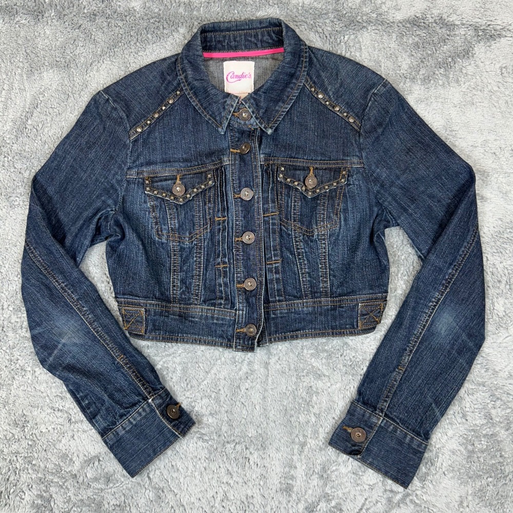 Candies Women Dark Wash Studded Cropped Denim Jacket Blue Size M RN73277 VTG Y2K